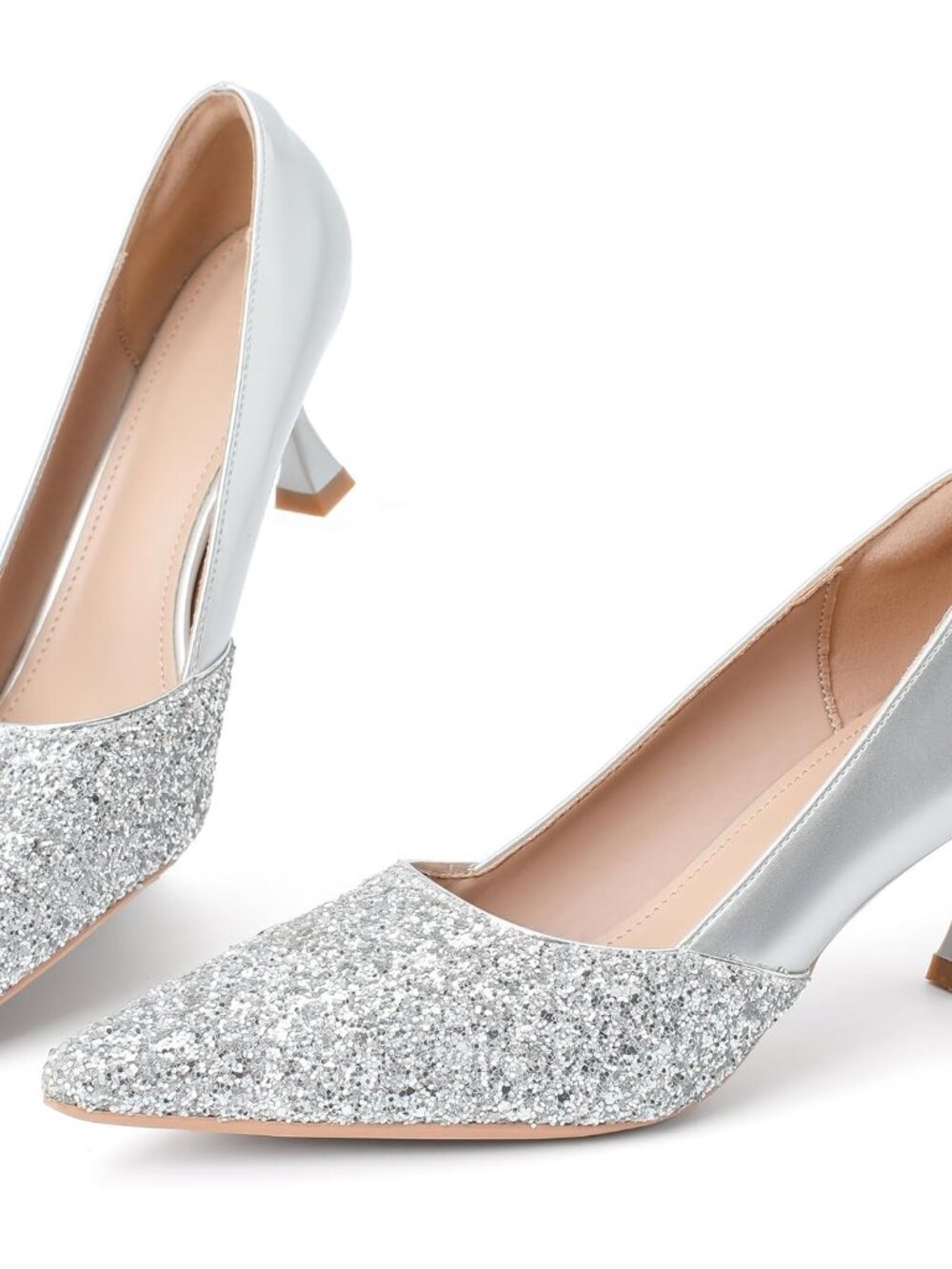 Women's Silver Kitten High Heels 2 Inch Sequin Pointed Toe Leather Pumps Shoes - Picture 2 of 6